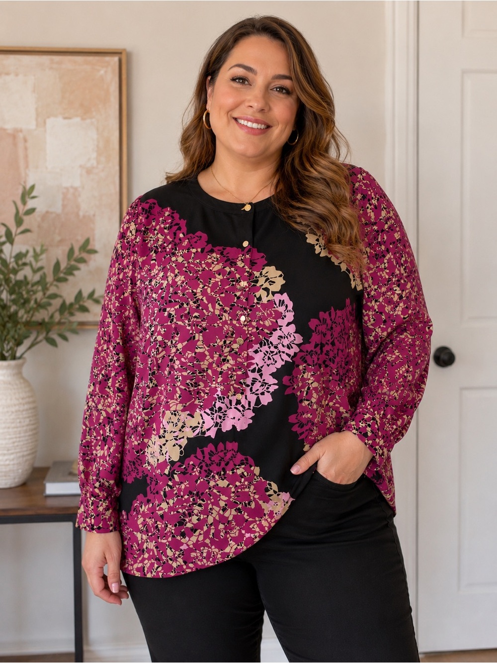 Dana Buchman Magenta and Black Floral Plus-Size Blouse career chic office siren
